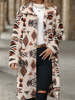 Ethnic Print Plush Long Overcoat