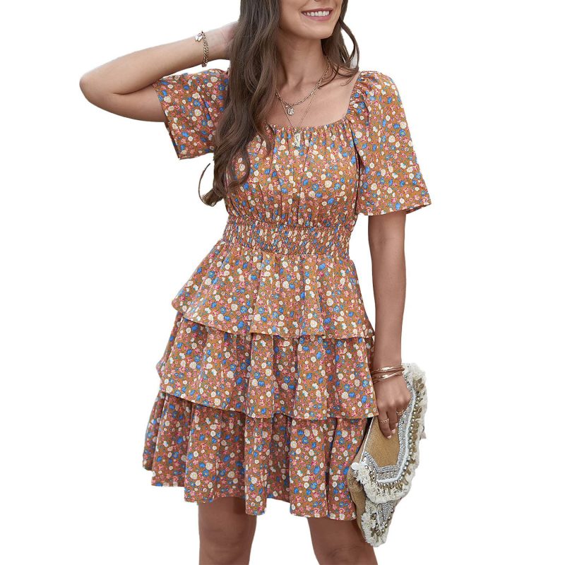 Floral Square Collar Short Sleeve Layered Pleated Dress for Women in Spring/Summer - Image 4