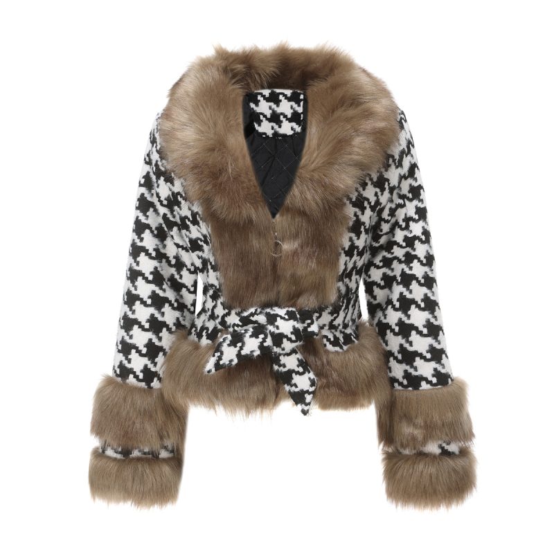 Women's Detachable Fur Collar Houndstooth Coat - Image 7
