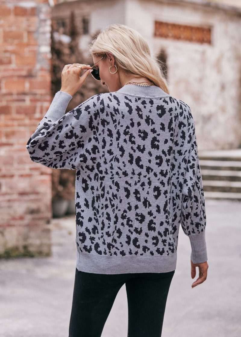 Leopard Print V-Neck Off-Shoulder Sweater - Image 3