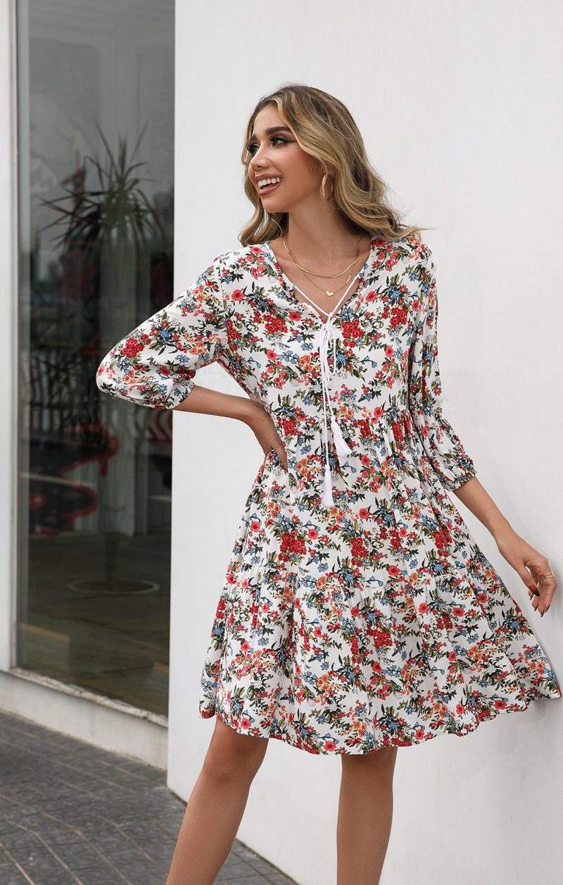 Loose Casual Floral V-Neck Half-Sleeve Dress for Women - Image 5