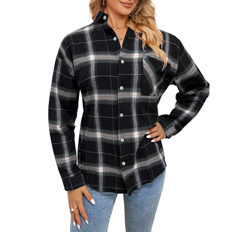 Single-Breasted Long Sleeve Shirt with Polo Collar for Women - Image 6