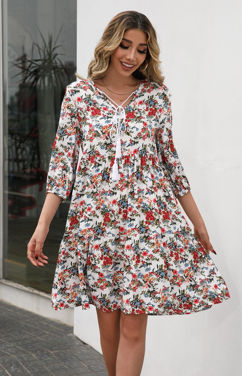 Loose Casual Floral V-Neck Half-Sleeve Dress for Women - Image 4