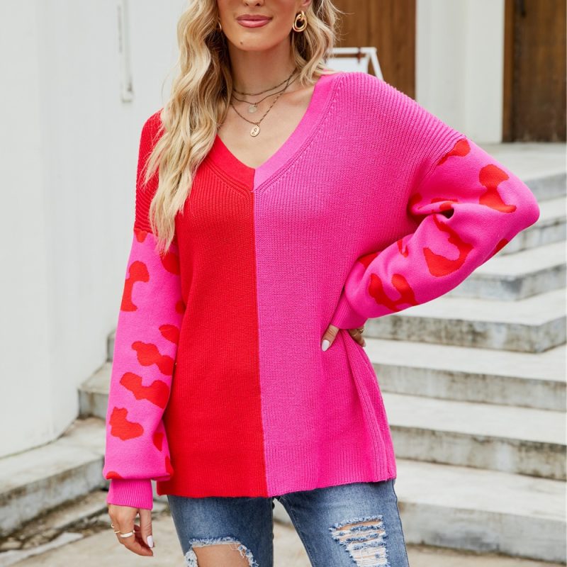 Autumn Winter Contrast Color Leopard Print V-neck Pullover Sweater - Image 3