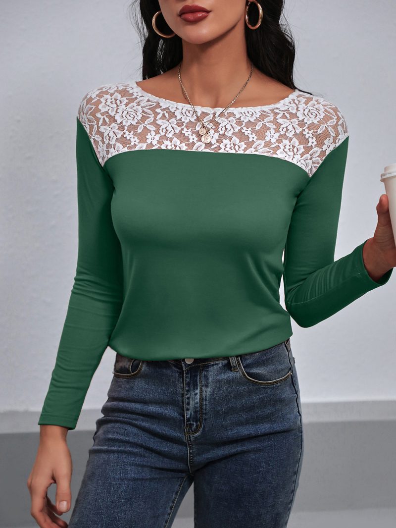 Lace Patchwork Round Neck Long Sleeved T Shirt - Image 5