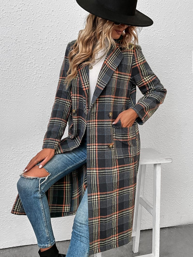 Trendy Single-Breasted Plaid Wool Coat - Image 4