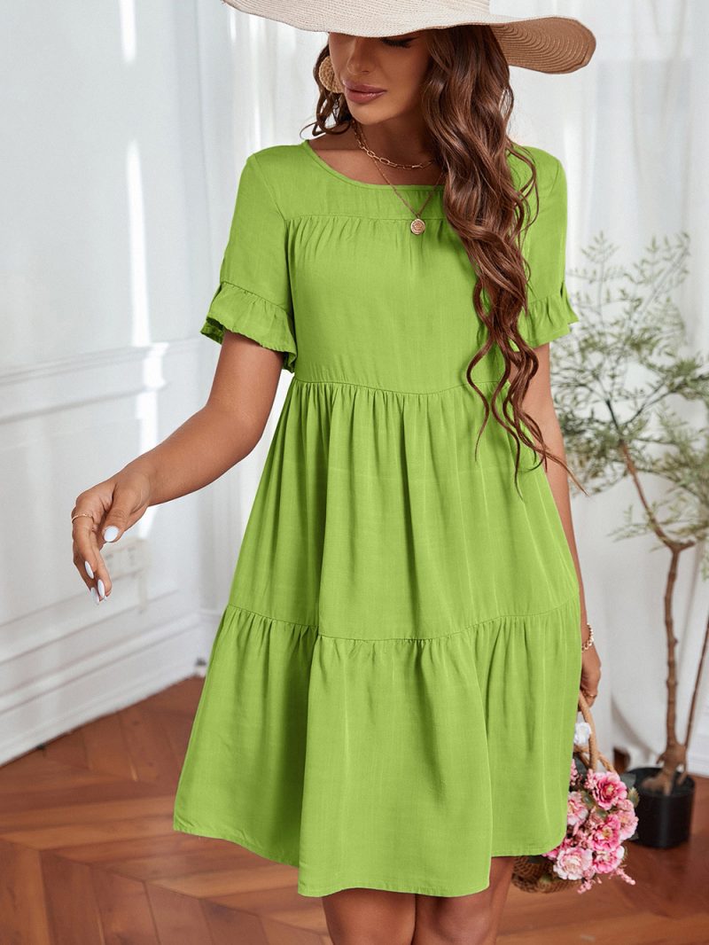 Women's Loose Round Neck Lacework Short Sleeve Dress - Image 4