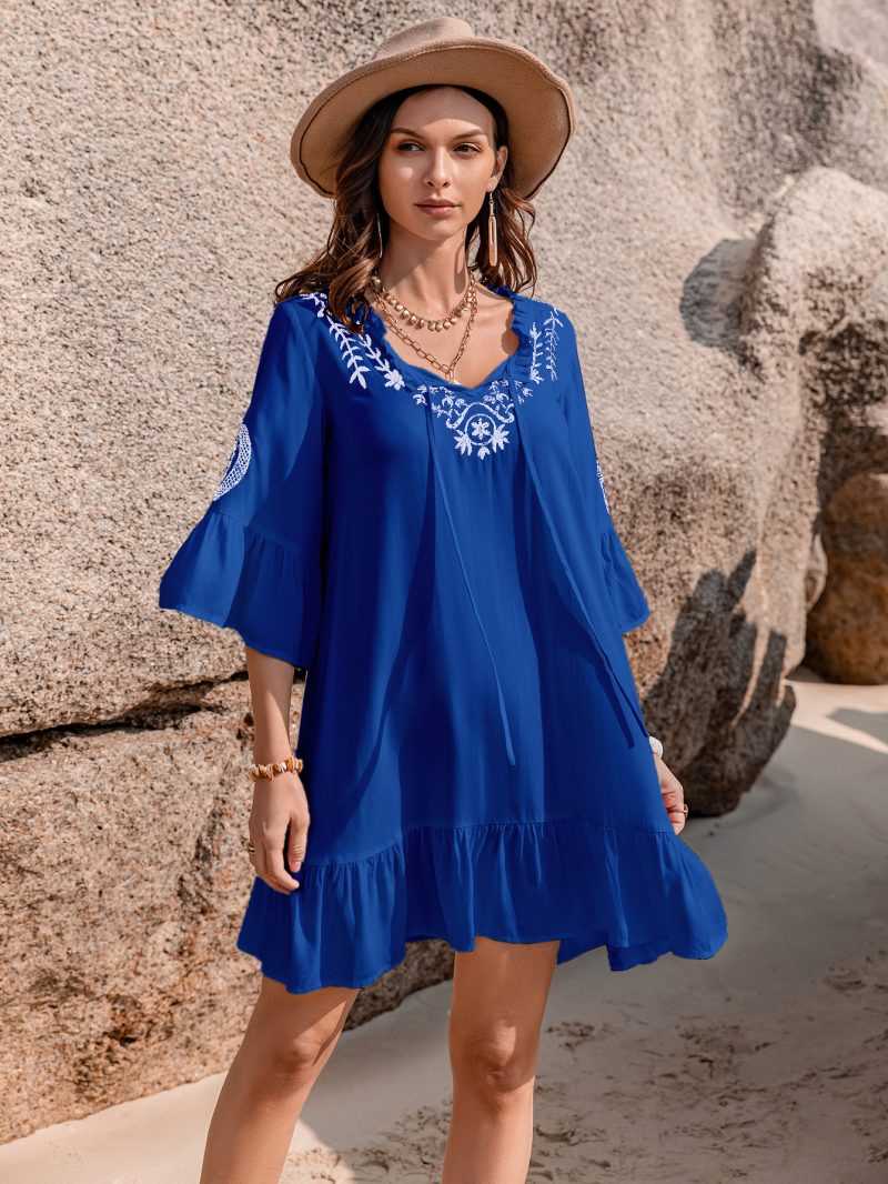 French Royal Open Collar Blouse Embroidered Home Wear Dress - Image 6