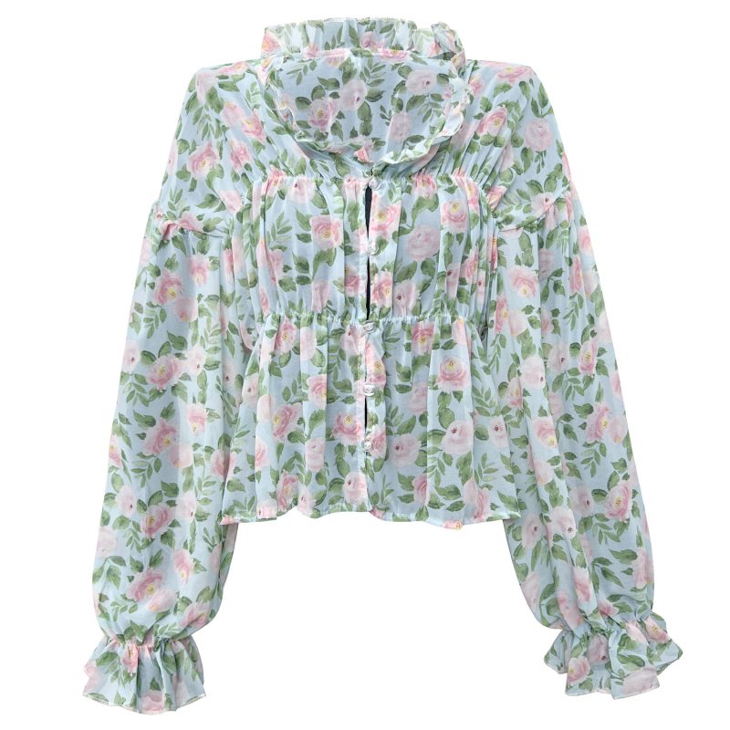 Wooden Ear Charm: Bell Sleeve Floral Chiffon Shirt for Autumn/Winter - Image 4