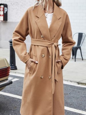 Lace-Up Double-Breasted Woolen Coat: Stylish Outerwear