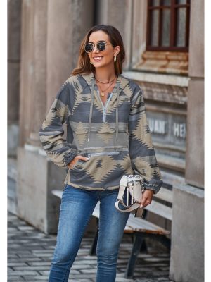 Aztec Half-Zip Casual Long Sleeve Hooded Pullover Sweater for Women