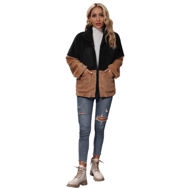 Women's Collared Color-Matching Zipper Plush Casual Jacket - Image 5