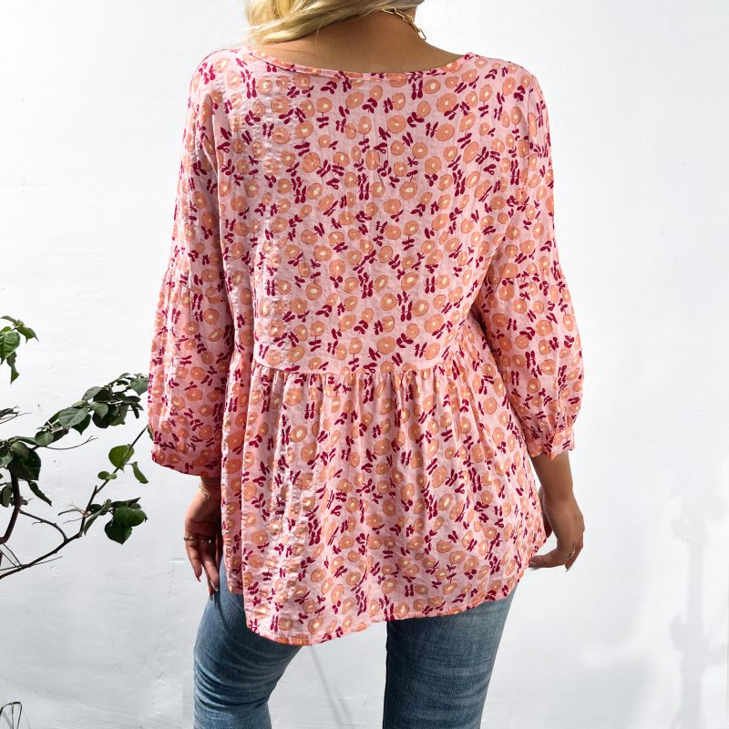 Floral Cotton Linen Shirt with Three-Quarter Sleeves - Image 3