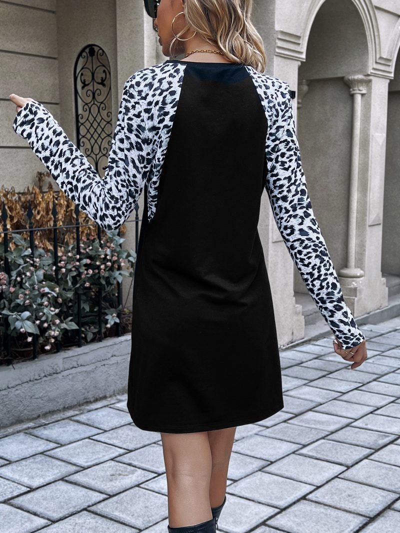 Leopard Splicing Round Neck Long Sleeve T-Shirt Dress - Image 3