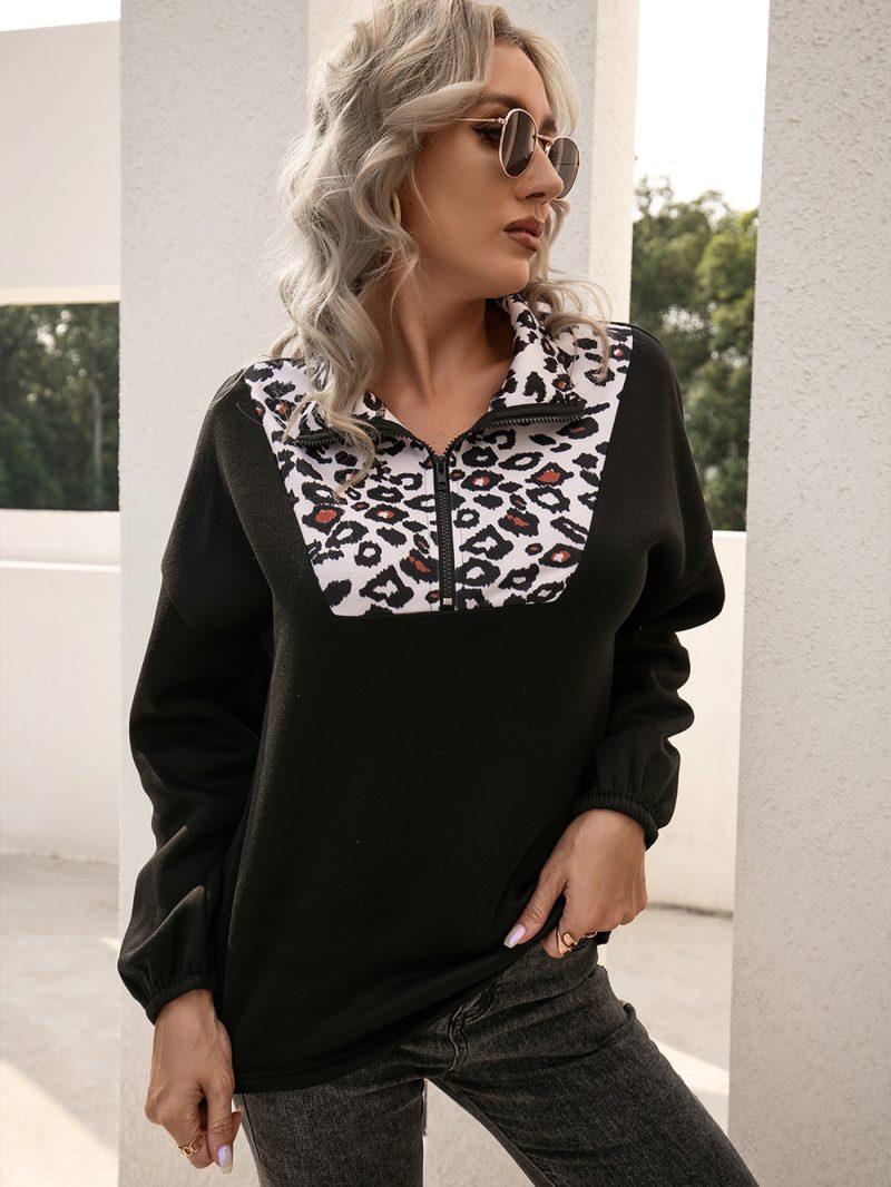 Leopard Print Long Sleeved Stitching Pullover Sweater Top - Image 4
