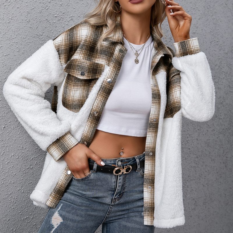 Cashmere Color Block Long Sleeve Plush Plaid Shacket - Image 2