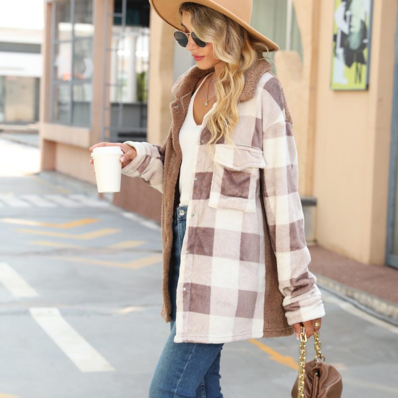 Plush Collared Coat with Long Sleeve Flannel Plaid Detailing - Image 3