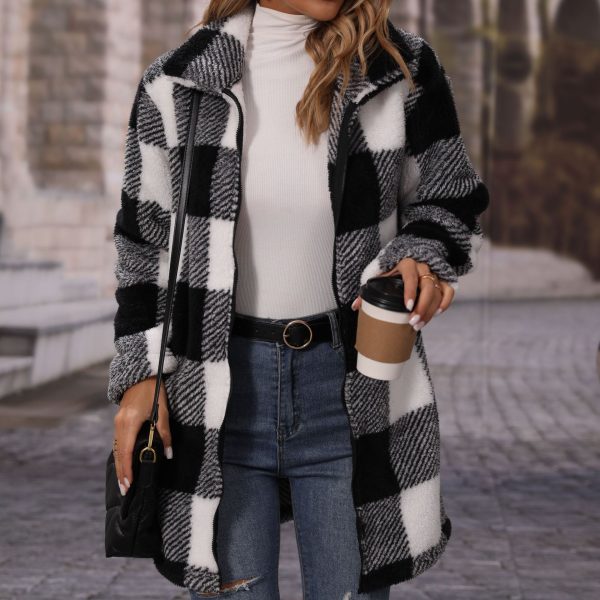 Women's Collared Plaid Zipper Plush Casual Long Coat - Image 3