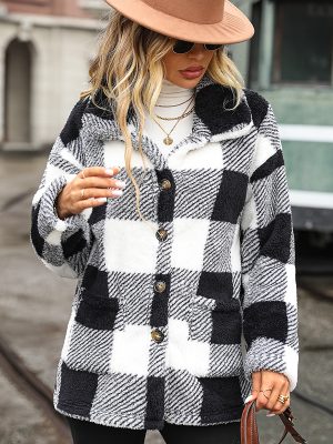 Collared Plaid Single-Breasted Plush Jacket for Autumn/Winter