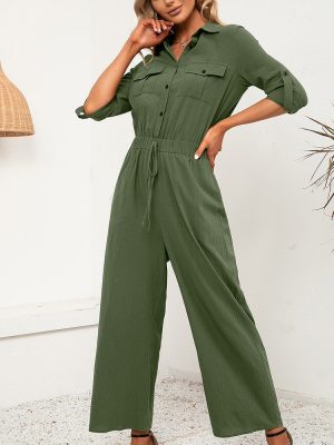 Double Pocket Single-Breasted Long Sleeve Jumpsuit