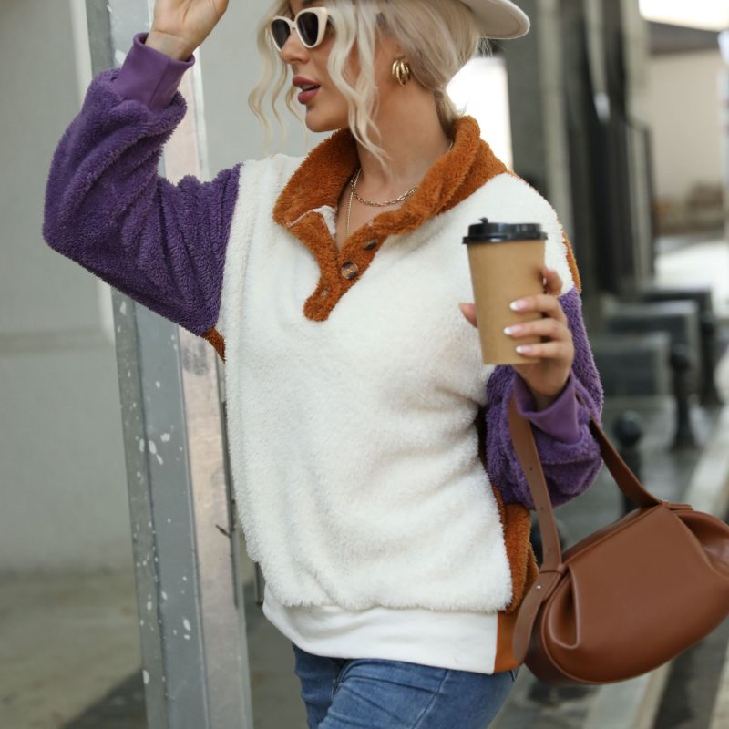Round Neck Loose Stitching Fleece Sweatshirt - Image 3