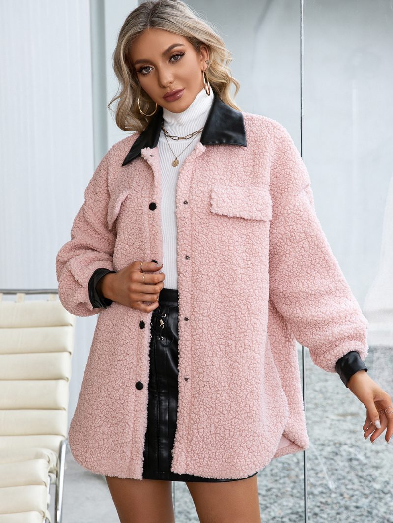 Small Teddy Collared Plush Faux Leather Trench Coat for Women - Image 3