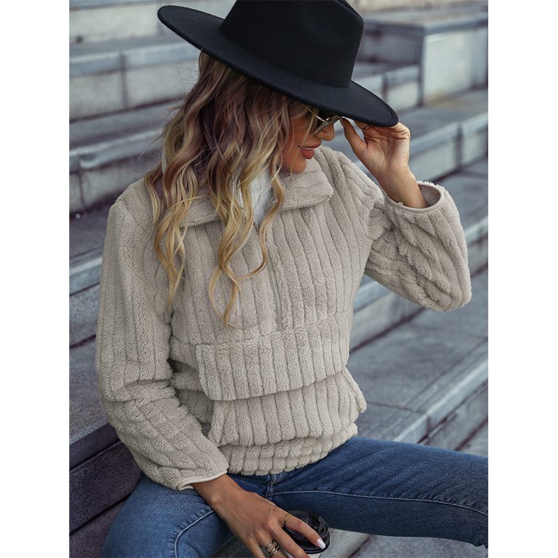 Collared Half Zipper Sunken Stripe Plush Sweatshirt - Image 3