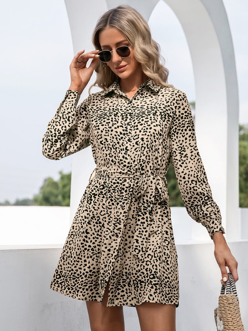 Leopard Print Long Sleeve Shirt Dress for Stylish Women - Image 4