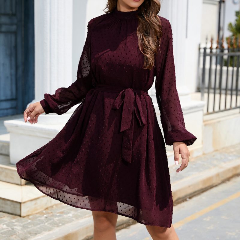 Long Sleeve Chiffon Swiss Dot Mid-Length Dress with Belt - Image 3