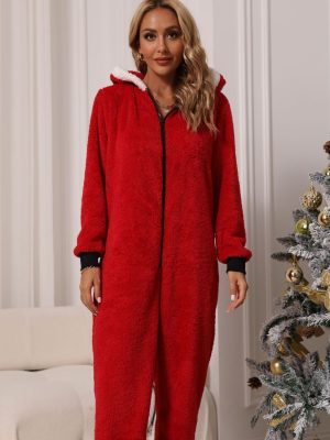 Round Neck Plush Christmas Jumpsuit