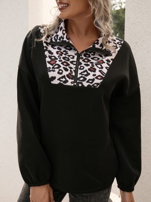 Leopard Print Long Sleeved Stitching Pullover Sweater Top