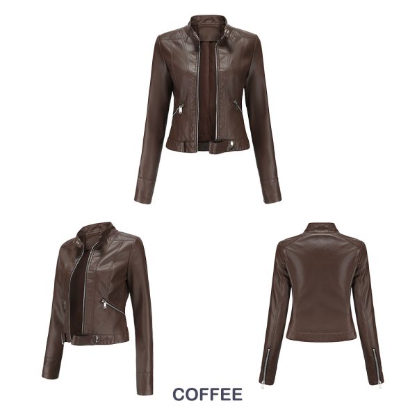 Short Leather Jacket for Women with Stand Collar - Image 7