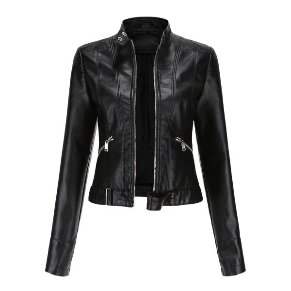 Short Leather Jacket for Women with Stand Collar - Image 2