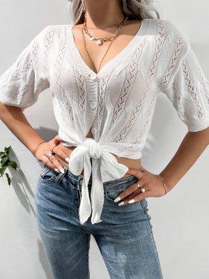 Single-Breasted V-Neck Bow Top for Spring/Summer