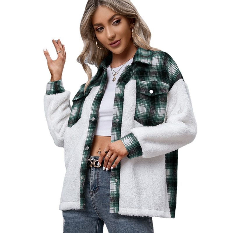 Cashmere Color Block Long Sleeve Plush Plaid Shacket - Image 4