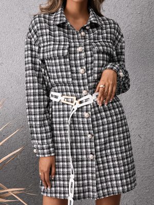 Casual Single Breasted Mid Length Plaid Shacket Shirt Dress