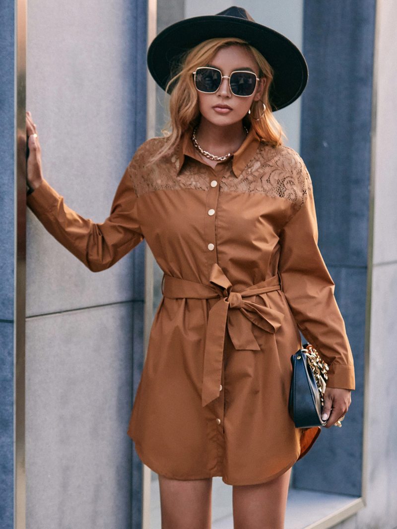 Lace Stitching Mid-Length Long Sleeve Dress Shirt - Image 4
