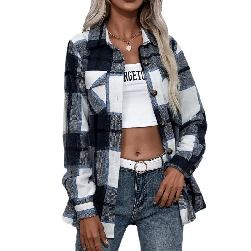 Long Sleeved Plaid Casual Shacket for Women - Image 4