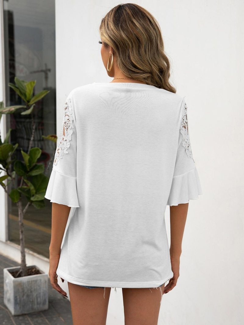 Casual Round Neck Lace Stitching Half Sleeve Shirt for Women - Image 3