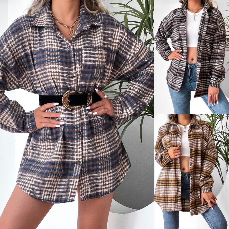 Plaid Collared Bat Sleeve Coat Dress for Women - Image 4