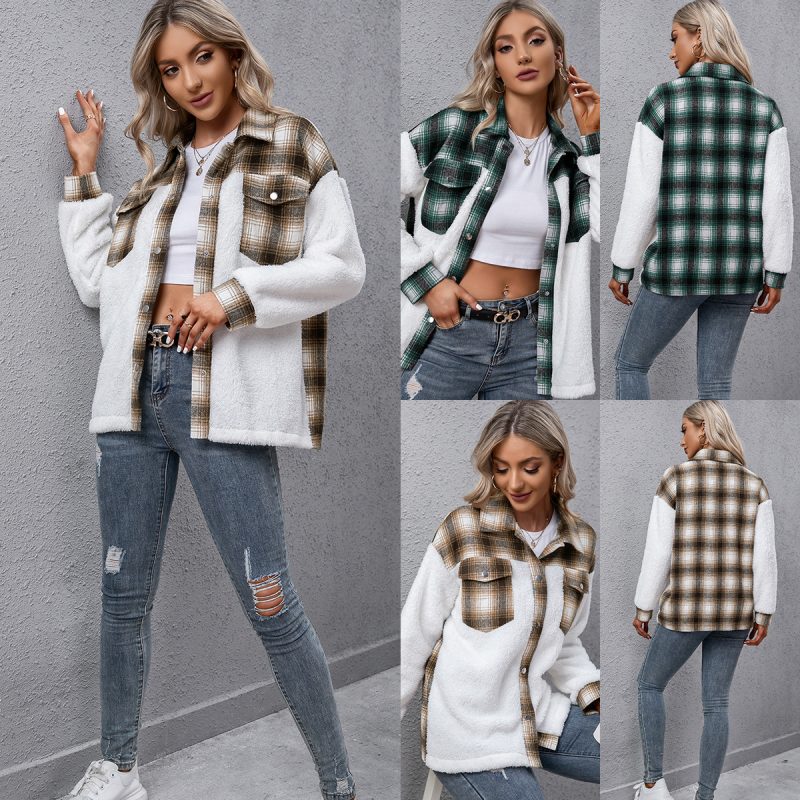 Cashmere Color Block Long Sleeve Plush Plaid Shacket - Image 5