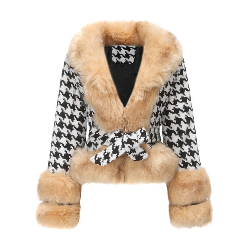 Women's Detachable Fur Collar Houndstooth Coat - Image 5
