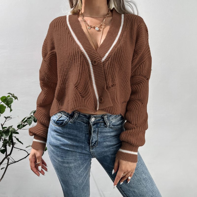 Knitwear V neck Single Breasted Crocheted Sweater - Image 9