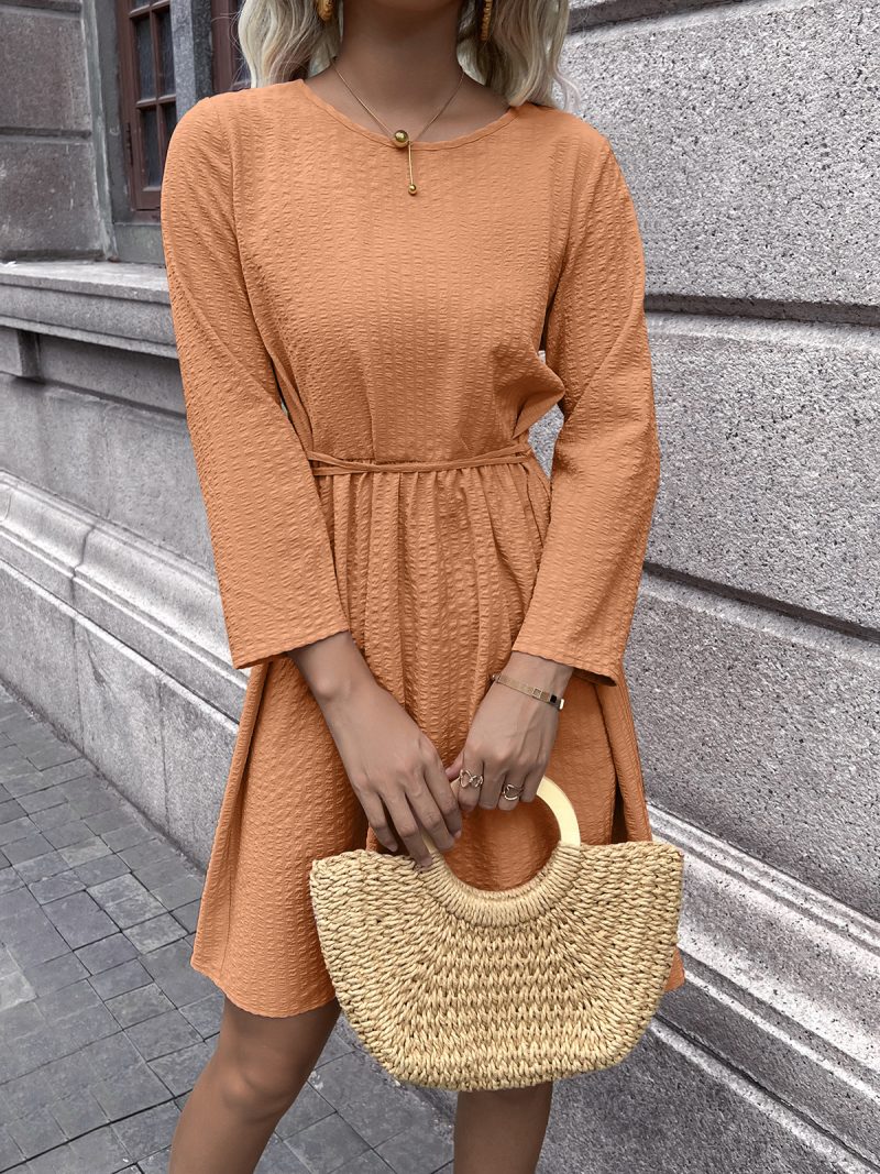 Solid Color Waist-Trimming Long Sleeve Dress - Image 4
