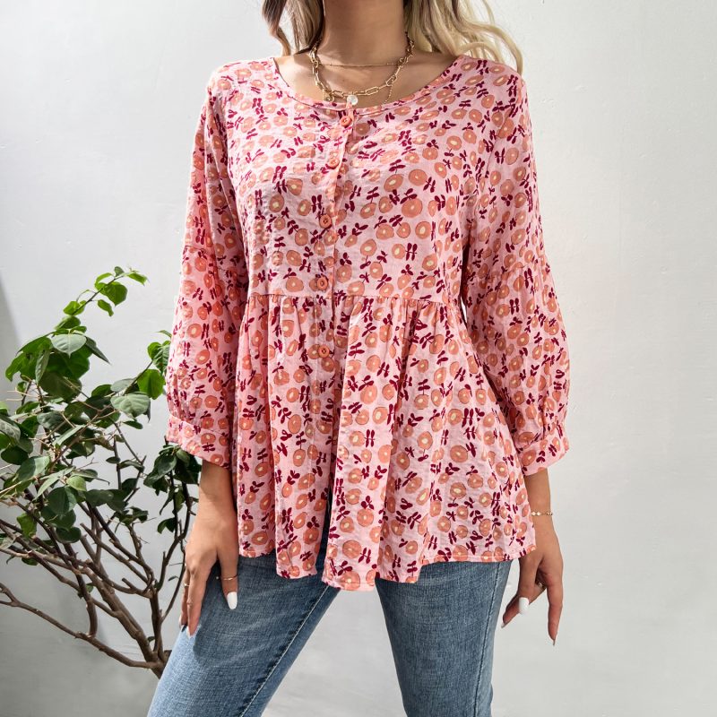 Floral Cotton Linen Shirt with Three-Quarter Sleeves - Image 2