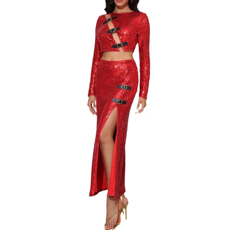 Two-Piece Sequin Split Set with Hollow Out Long Sleeve Skirt - Image 5