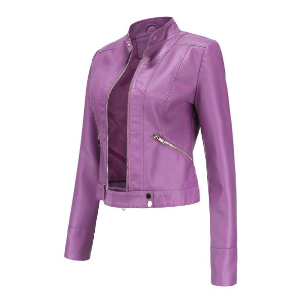 Short Leather Jacket for Women with Stand Collar - Image 4