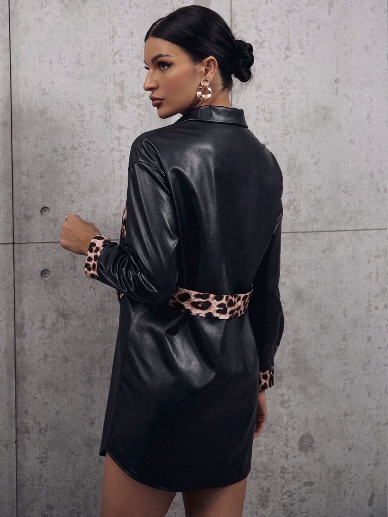 Print Splicing Mid-Length Faux Leather Trench Coat - Image 5