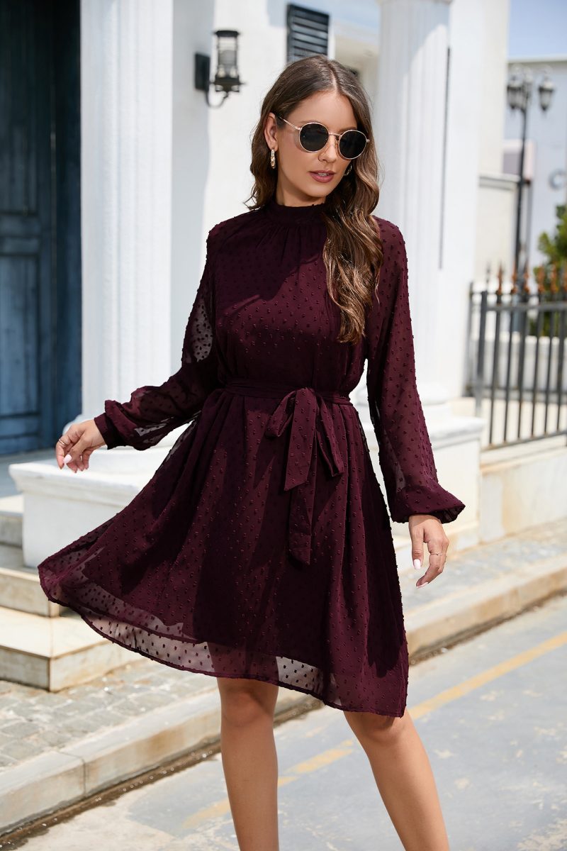 Long Sleeve Chiffon Swiss Dot Mid-Length Dress with Belt - Image 8