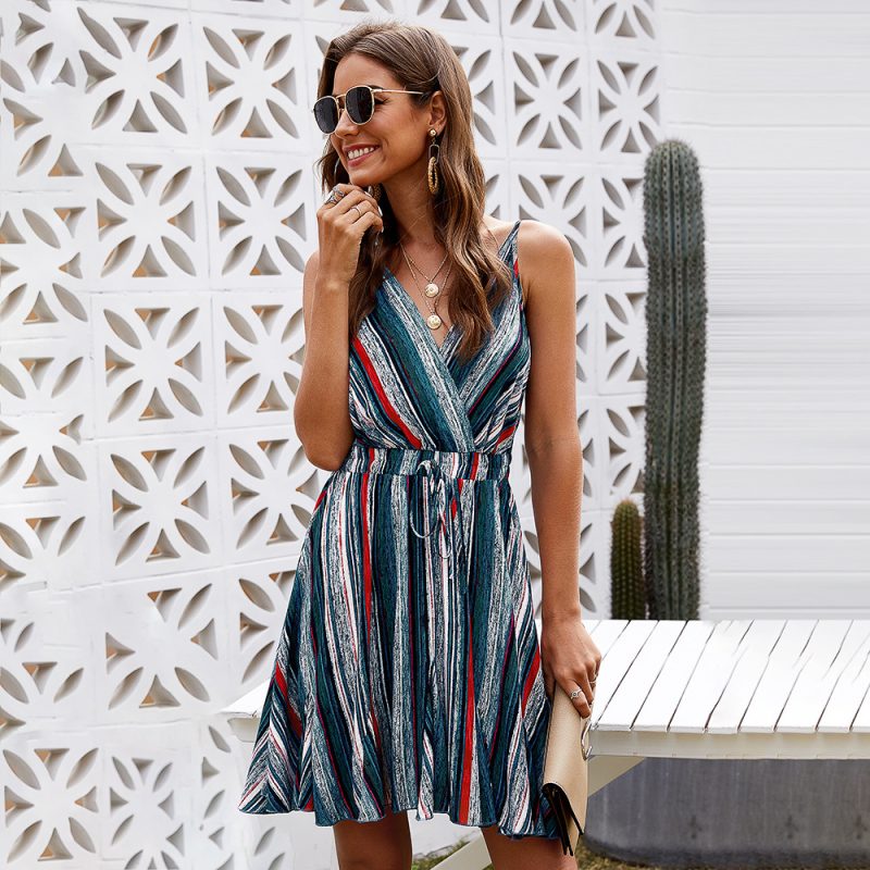 Rainbow Striped Wrap V-neck Spaghetti Strap Elastic Tank Dress - Image 2